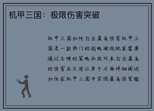 机甲三国：极限伤害突破